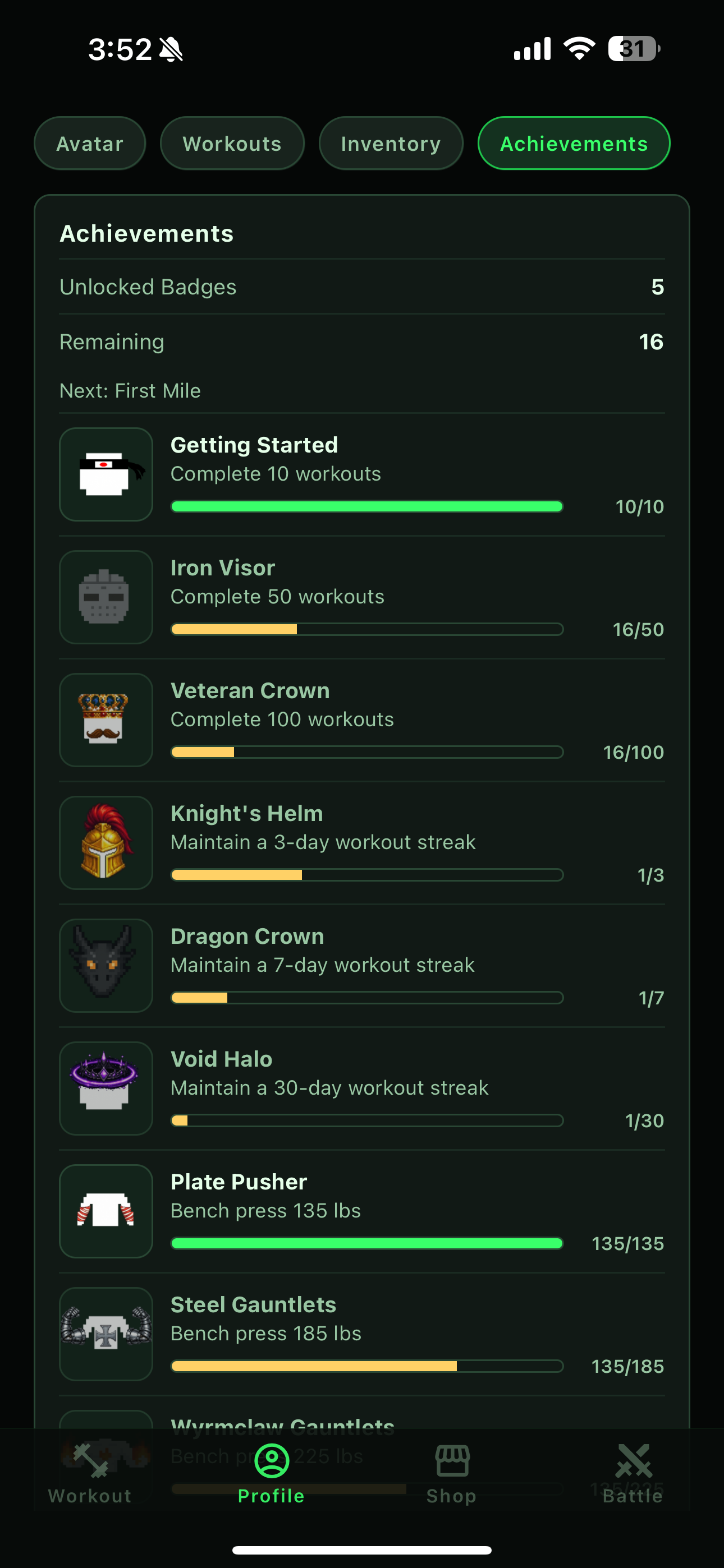 GymSaga gear rewards and achievements