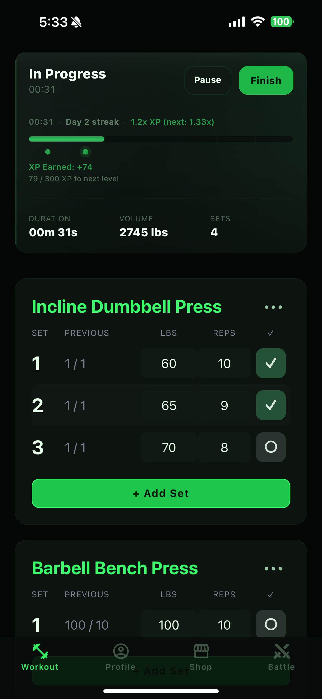 GymSaga workout tracking